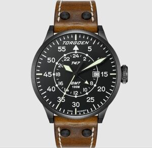 Torgoen T47 TN- 1210 Jumbo Black Sapphire GMT47mm, Brown Leather Strap NEW